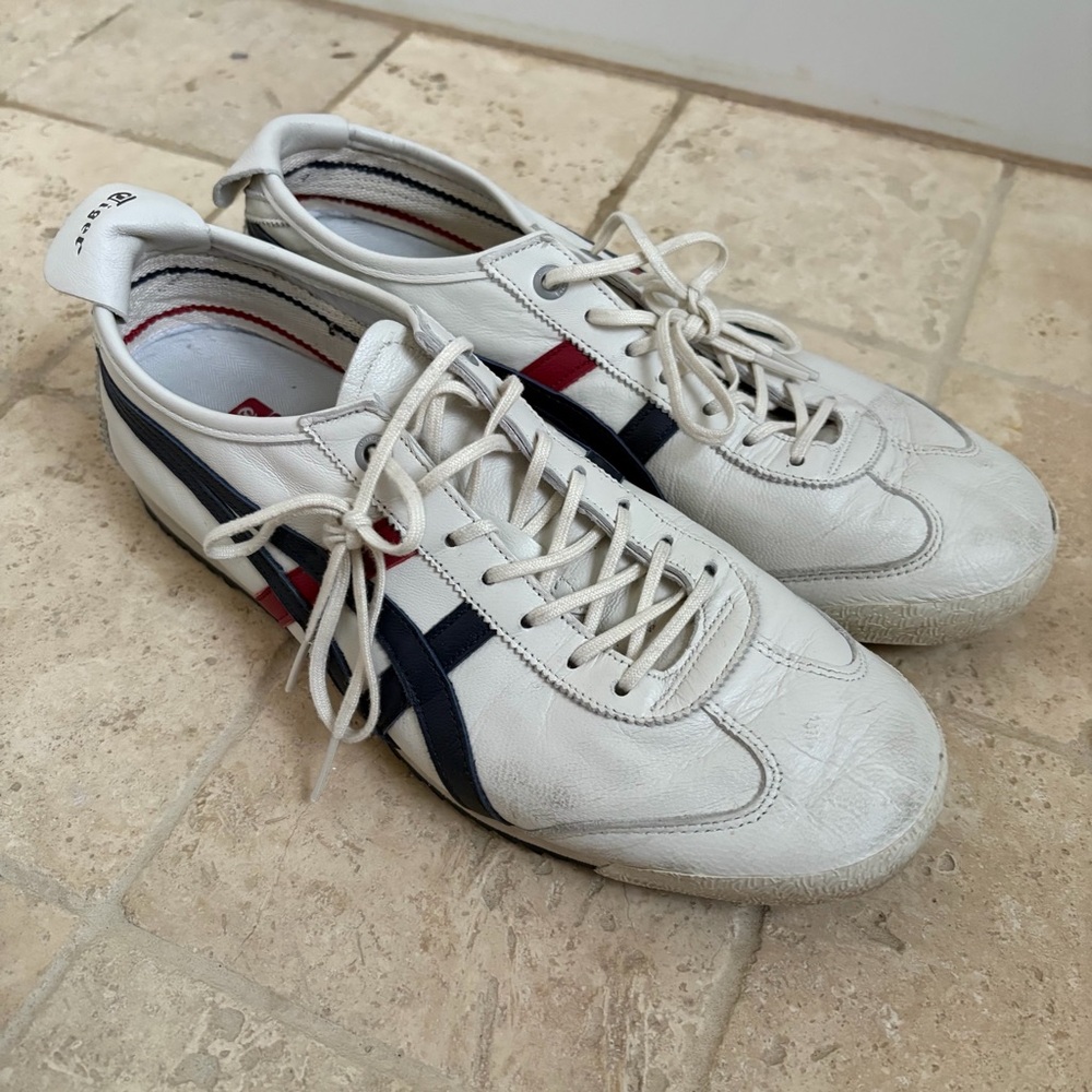 Onitsuka Tiger Mexico 66 by Asics White Leather Sneakers with Navy & Red Stripes